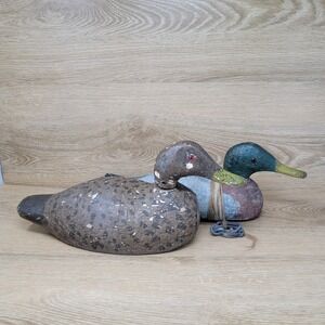 Vintage Wood Duck Decoy Pair Lot Red Glass Eyes Folk Art‎ Carved Lodge Rustic